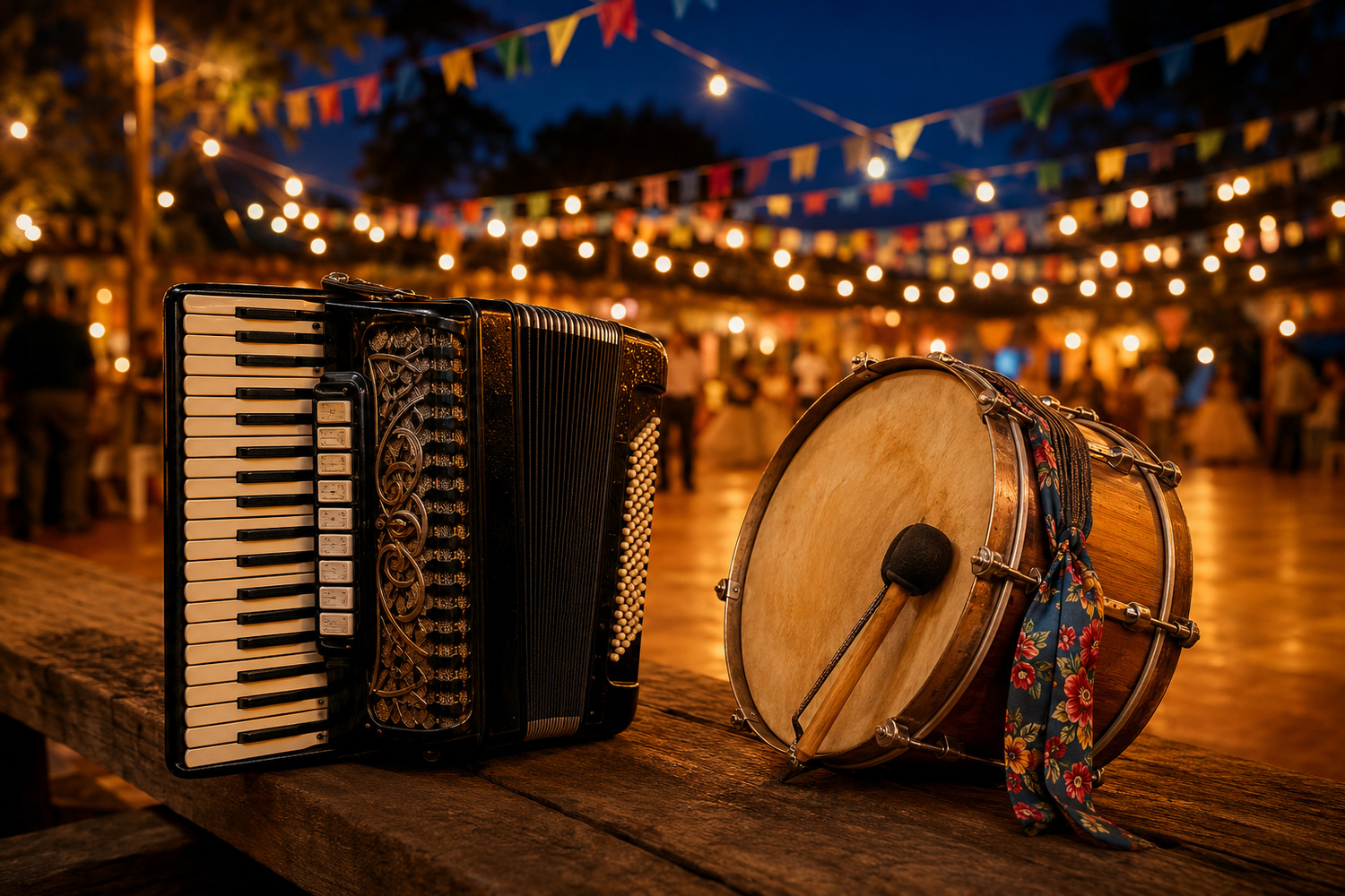 Ambiente de festa com instrumentos de forró